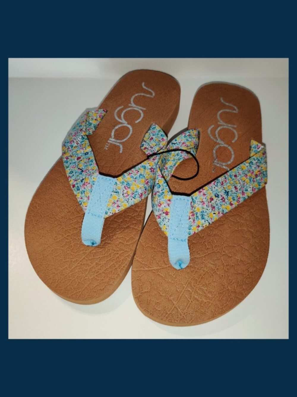 New! Blue Floral "Sora" Flip Flops Thong Sandals by Sugar Fabric Upper Women's 6
